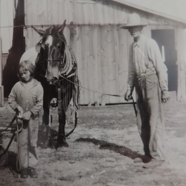 1920s Vintage Black & White Photo of Farmer by Shed with Horse and Child