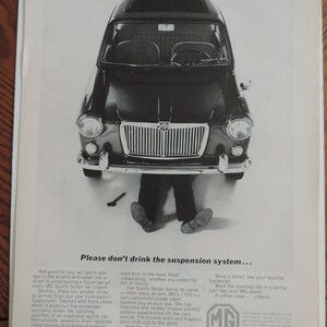 1965 British Motors Corp - "Please Don't Drink the Suspension System..." - MG Sports Sedan Full Page Print Ad