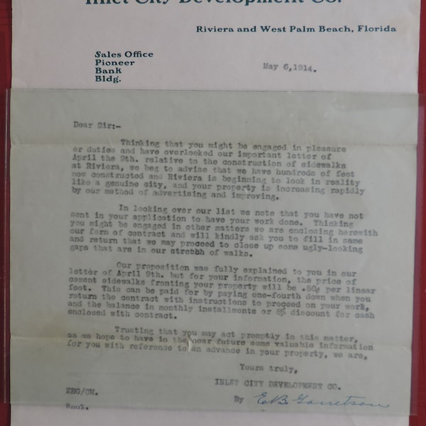 1914 Typed Business Letter Tax Request Correspondence from Riviera Florida Inlet City Development Co (Now Riviera Beach FL).