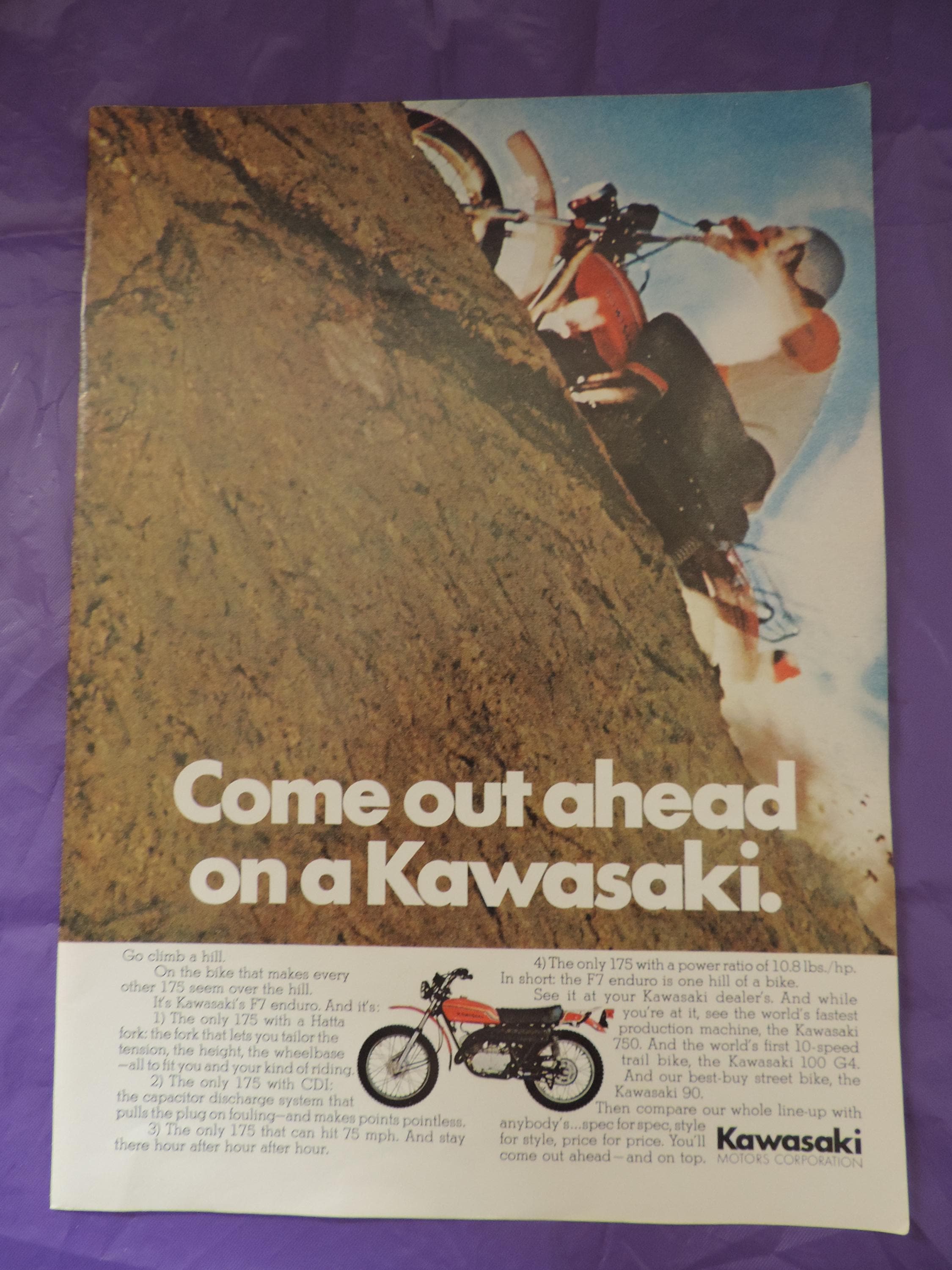 1972 Kawasaki F7 Enduro Motorcycle Full Page Color Print