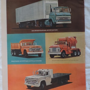 May include: An illustration of vintage Series 80 trucks. The image features a blue tilt-cab tractor with a 40-ft semi-trailer, an orange dump truck, an orange concrete mixer truck, and a white flatbed truck.