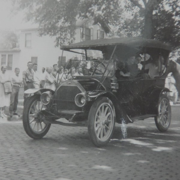 1950s Vintage Black & White Photo of Vintage Car in a Parade