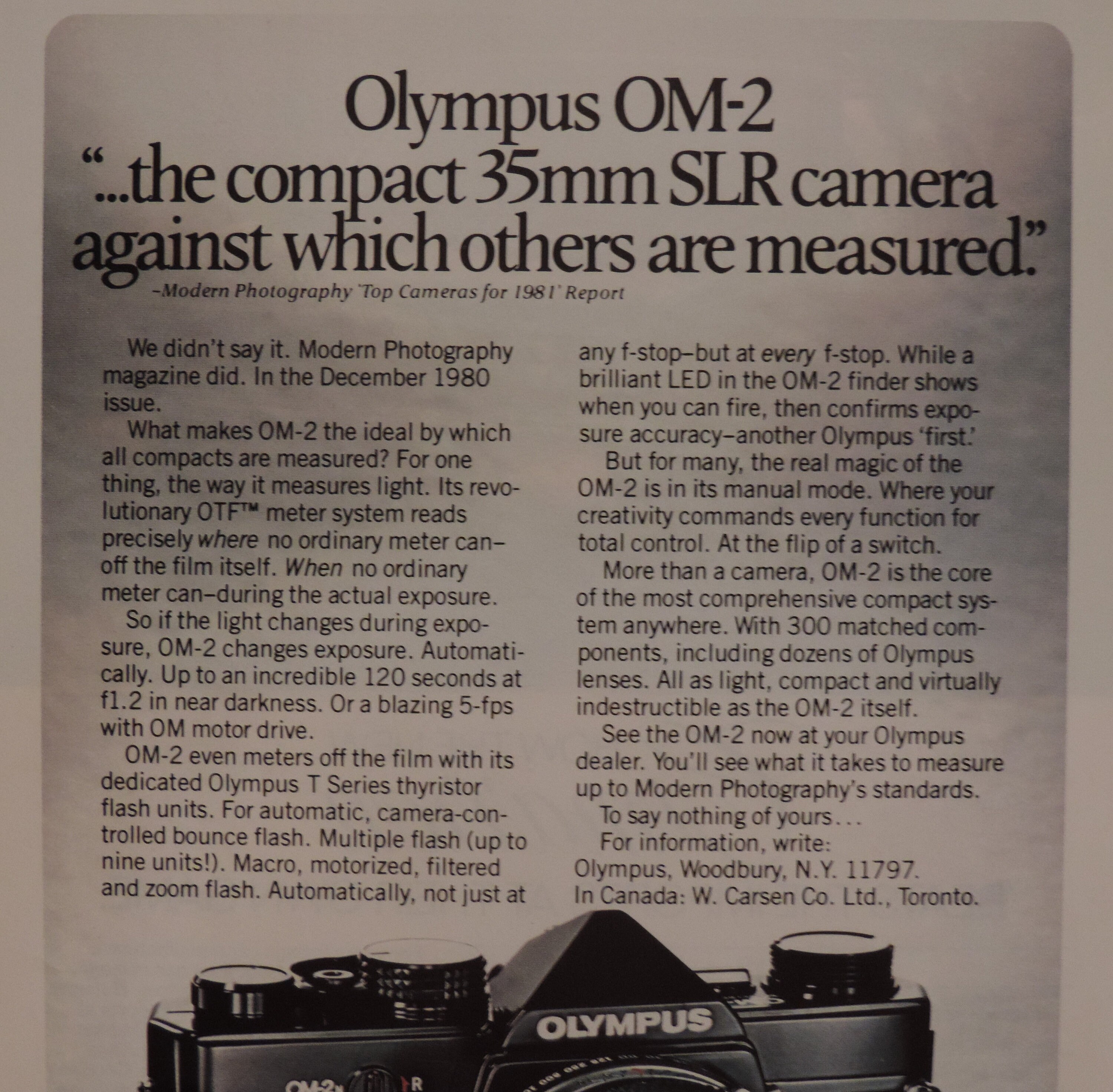 1982 Olympus OM-2 Camera / Cadillac Cimarron Full Page Color Print Ad ...