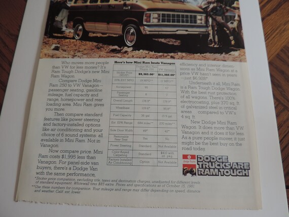 1982 Dodge Mini Ram Passenger Van Full Page Color Print Ad - Etsy