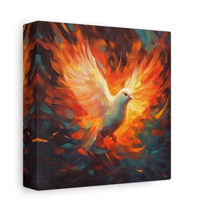 Holy Spirit Dove Canvas Art - Fiery Pentecost Christian Wall Decor for Baptism & Confirmation Gifts