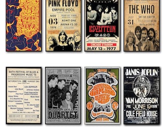 Ensemble d&#39;affiches de musique psychédélique vintage des années 1960 et 70, aimants pour réfrigérateur, lot de 8 aimants décoratifs n° 2