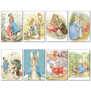Op de afbeelding: Een set van acht geïllustreerde kaarten met Peter Rabbit en zijn vrienden. De kaarten tonen verschillende scènes uit het boek, waaronder Peter Rabbit in de tuin, Peter Rabbit die zich verstopt in een struik en Peter Rabbit met zijn familie.