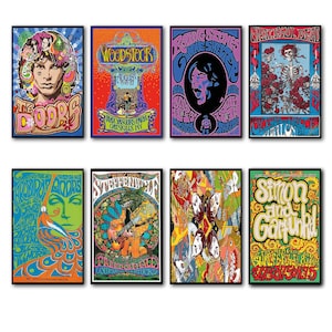 Juego de 8 imanes decorativos para nevera con carteles de música psicodélica vintage de los años 60 y 70, n.º 1