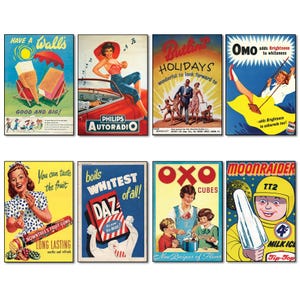 Vintage Werbeplakate Kühlschrankmagnete - Set von 8 großen Kühlschrankmagneten