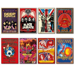 Juego de 8 imanes decorativos para nevera con carteles de música psicodélica vintage de los años 60 y 70, n.º 3