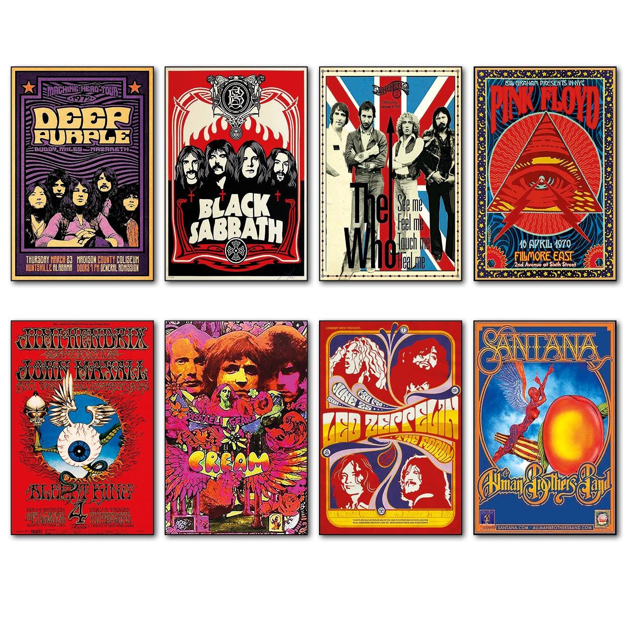 Lot de 8 affiches de musique psychédélique vintage des années 1960 et 70, aimants pour réfrigérateur, n° 3