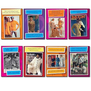 Può includere: Un set di otto biglietti d'auguri con illustrazioni umoristiche di uomini che indossano vari stili di abbigliamento degli anni '70. Ogni biglietto ha una didascalia diversa, come "aver risparmiato denaro sulla sua iscrizione in palestra" e "indosso la camicia da notte della mia nonna... è cool e comoda!"