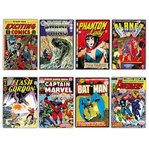 Könnte beinhalten: Eine Collage aus neun Vintage-Comic-Covern mit Superhelden wie Swamp Thing, Captain Marvel, Batman und den Avengers. Die Cover sind farbenfroh und zeigen ikonische Bilder aus dem goldenen Zeitalter der Comics.