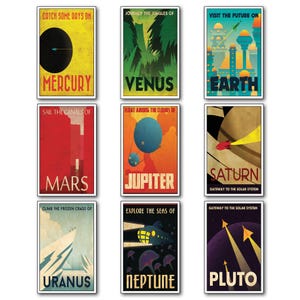 Könnte beinhalten: Neun Vintage-Reiseposter mit Planeten unseres Sonnensystems. Jedes Poster hat ein anderes Farbschema und zeigt eine einzigartige Illustration des Planeten. Die Poster enthalten Text, der den Planeten und seine Eigenschaften beschreibt. Die gezeigten Planeten sind Merkur, Venus, Erde, Mars, Jupiter, Saturn, Uranus, Neptun und Pluto.