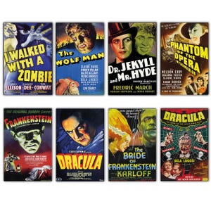 Könnte beinhalten: Eine Sammlung von acht Vintage-Filmplakaten mit klassischen Horrorfilmen. Die Poster sind alle in Farbe und zeigen ikonische Bilder aus den Filmen, wie Dracula, Frankenstein und Der Wolfsmensch. Die Poster sind alle in gutem Zustand und wären eine großartige Ergänzung für jede Sammlung von Horrorfilm-Fans.