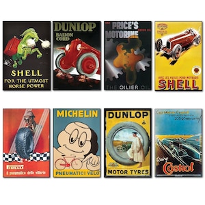 Peut inclure: Une collection d'affiches publicitaires automobiles vintage mettant en scène des marques telles que Shell, Dunlop, Michelin et Castrol. Les affiches présentent des illustrations et des textes colorés, mettant en valeur les produits et leurs avantages.