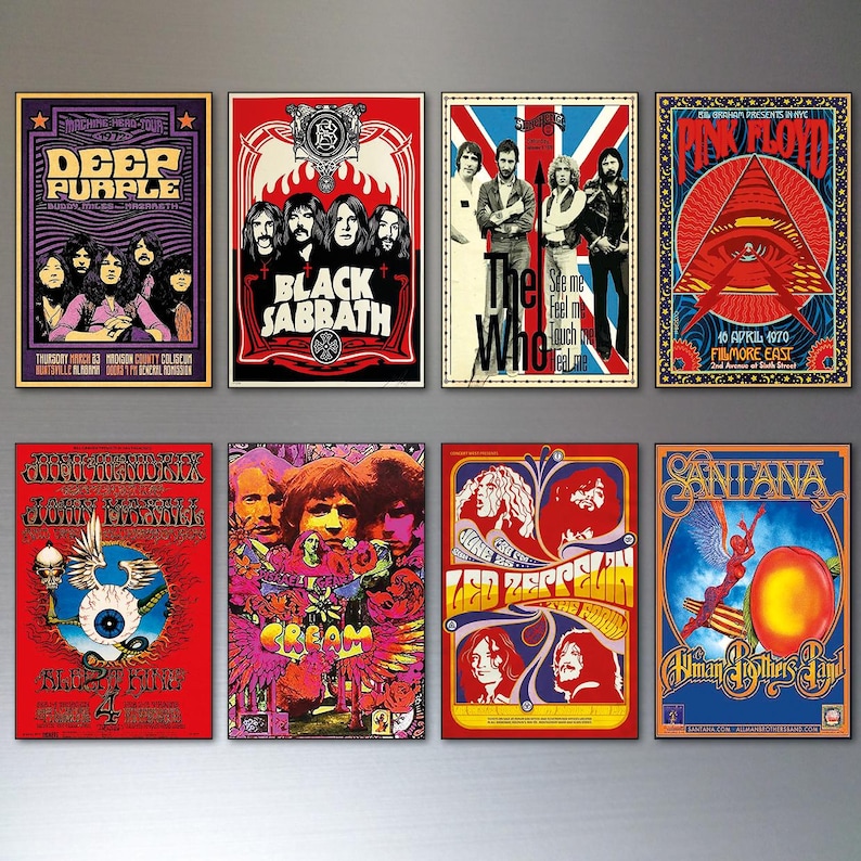 Vintage 1960 70s Psychedelic Music Posters Fridge Magnets Set of 8 ...