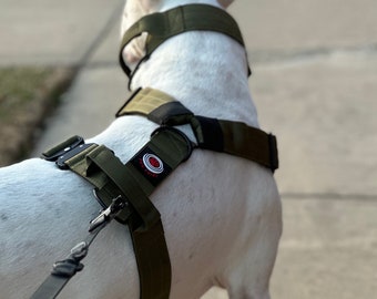 Custom 2 inches wide heavy duty tactical dog harness. Metal buckle for quick release. your dog will stand out from the rest of the pack.