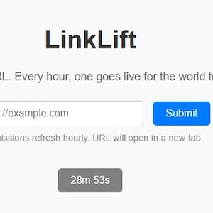 May include: A webpage with the text "LinkLift" at the top. Below, a form to submit a URL, with a text field containing "https://example.com" and a blue "Submit" button. A timer displays "28m 53s".