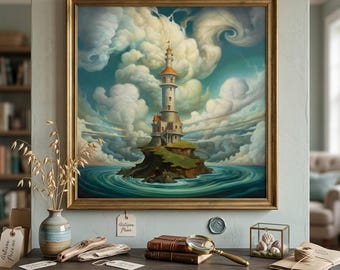 Cuadro decorativo de faro fantástico: paisaje oceánico de ensueño con nubes arremolinadas. Arte surrealista costero para imprimir. Descarga digital mágica junto al mar.