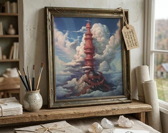 Decorazione murale a forma di torre fantasy – Cielo onirico con scala a chiocciola – Paesaggio surreale tra le nuvole – Decorazione murale magica stampabile – Download digitale