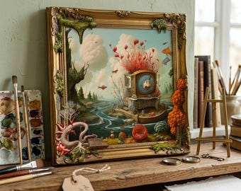 Impressão artística surrealista de fantasia para parede – Elementos abstratos de paisagem natural onírica – Download digital lúdico – Decoração de casa exclusiva