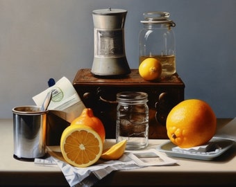 May include: A still life arrangement with a metal container, a small jar, and a large glass jar containing liquid. Oranges and lemons are placed alongside. A small tray holds a lemon. A vintage trunk is in the background.