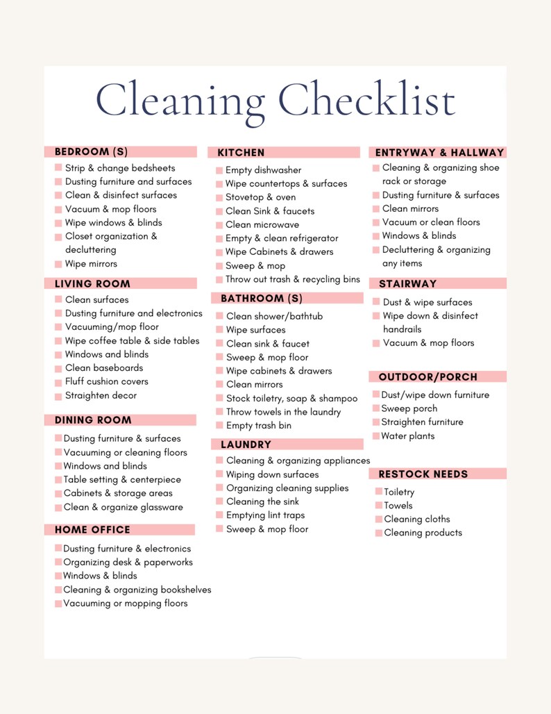 Printable Cleaning Checklist Vacation Rental Cleaning Etsy
