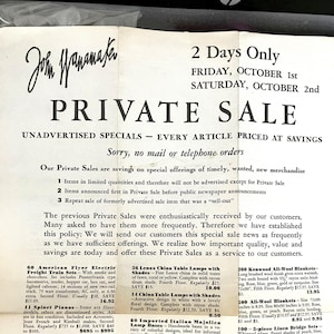 May include: A black and white newspaper advertisement for a private sale at John Wanamaker. The ad lists various items for sale, including furniture, lamps, blankets, and home decor. The sale is advertised as a two-day event, taking place on Friday, October 1st and Saturday, October 2nd. The ad also includes a disclaimer stating that no mail or telephone orders will be accepted.