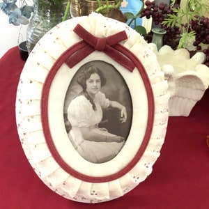 Vintage Padded Picture Frame with Calico Print,  Eyelet Lace, Ribbon and Bow With Antique Photo in it