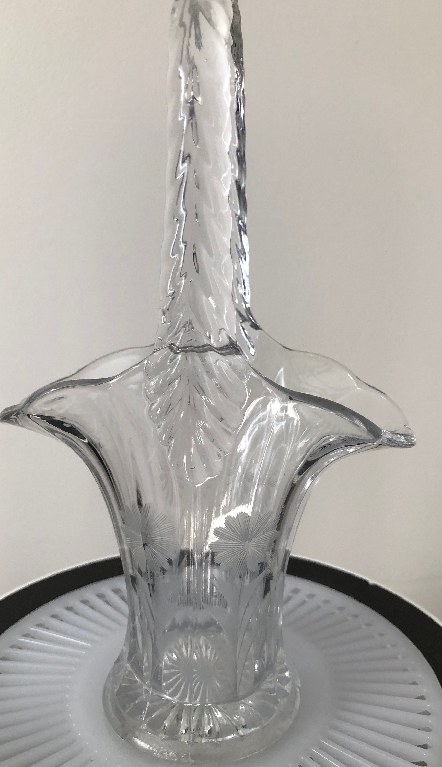 Vintage Glass Basket Vase Floral Etched Motif With Tall Handle Etsy