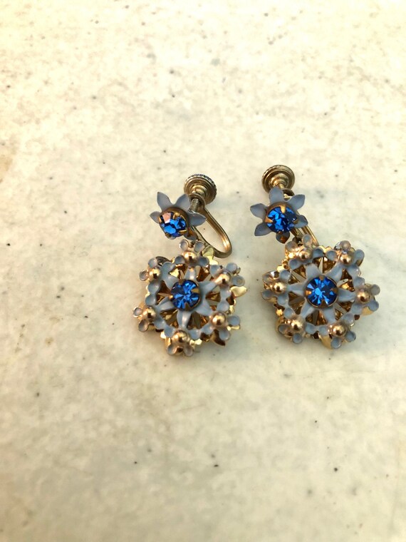 Estate Earrings - Beautiful Blue Enamel with Blue… - image 2