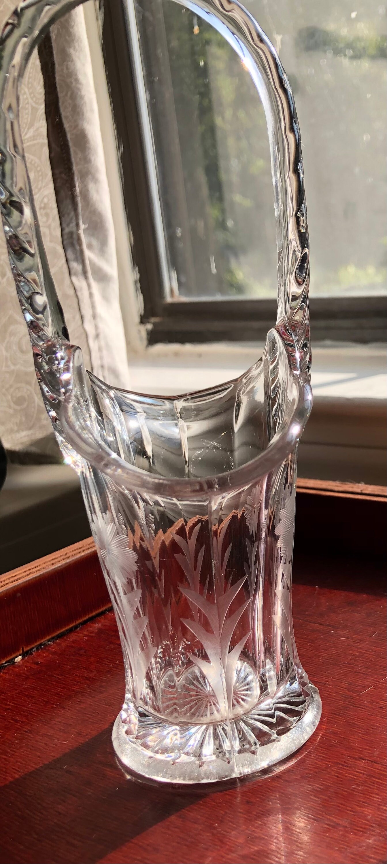 Vintage Glass Basket Vase Floral Etched Motif With Tall Handle Etsy