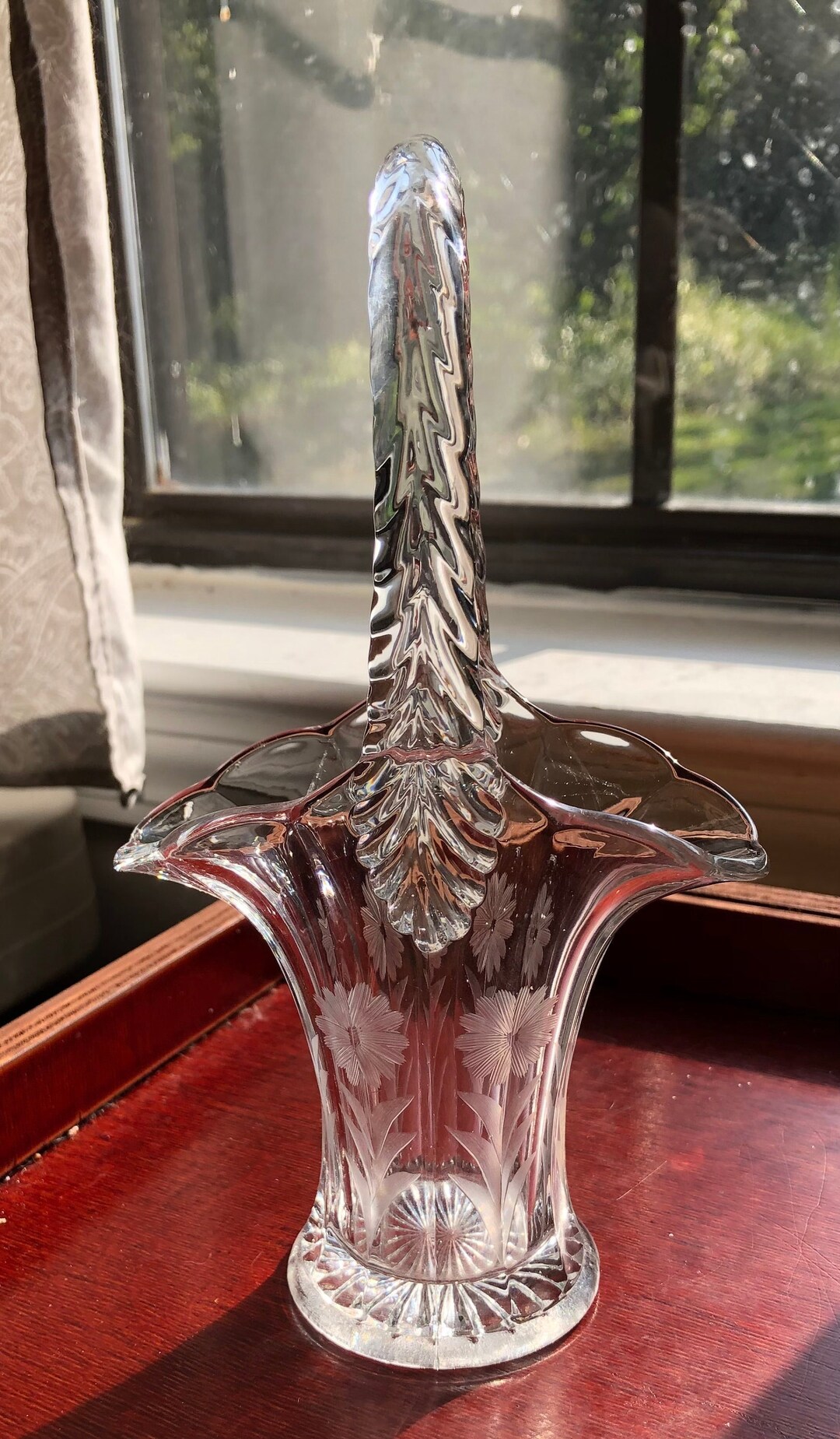 Vintage Glass Basket Vase Floral Etched Motif With Tall Handle Etsy