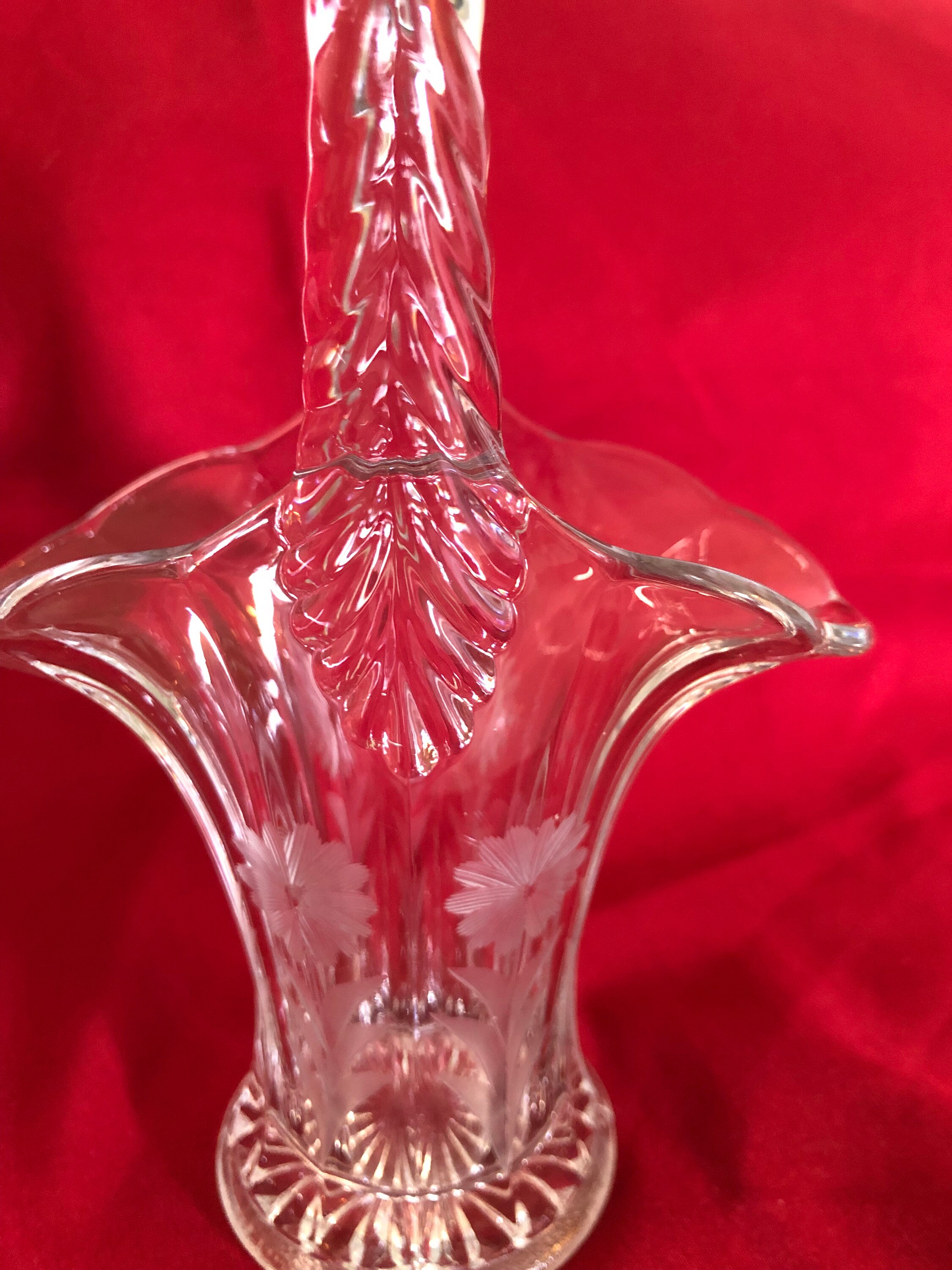 Vintage Glass Basket Vase Floral Etched Motif With Tall Handle Etsy