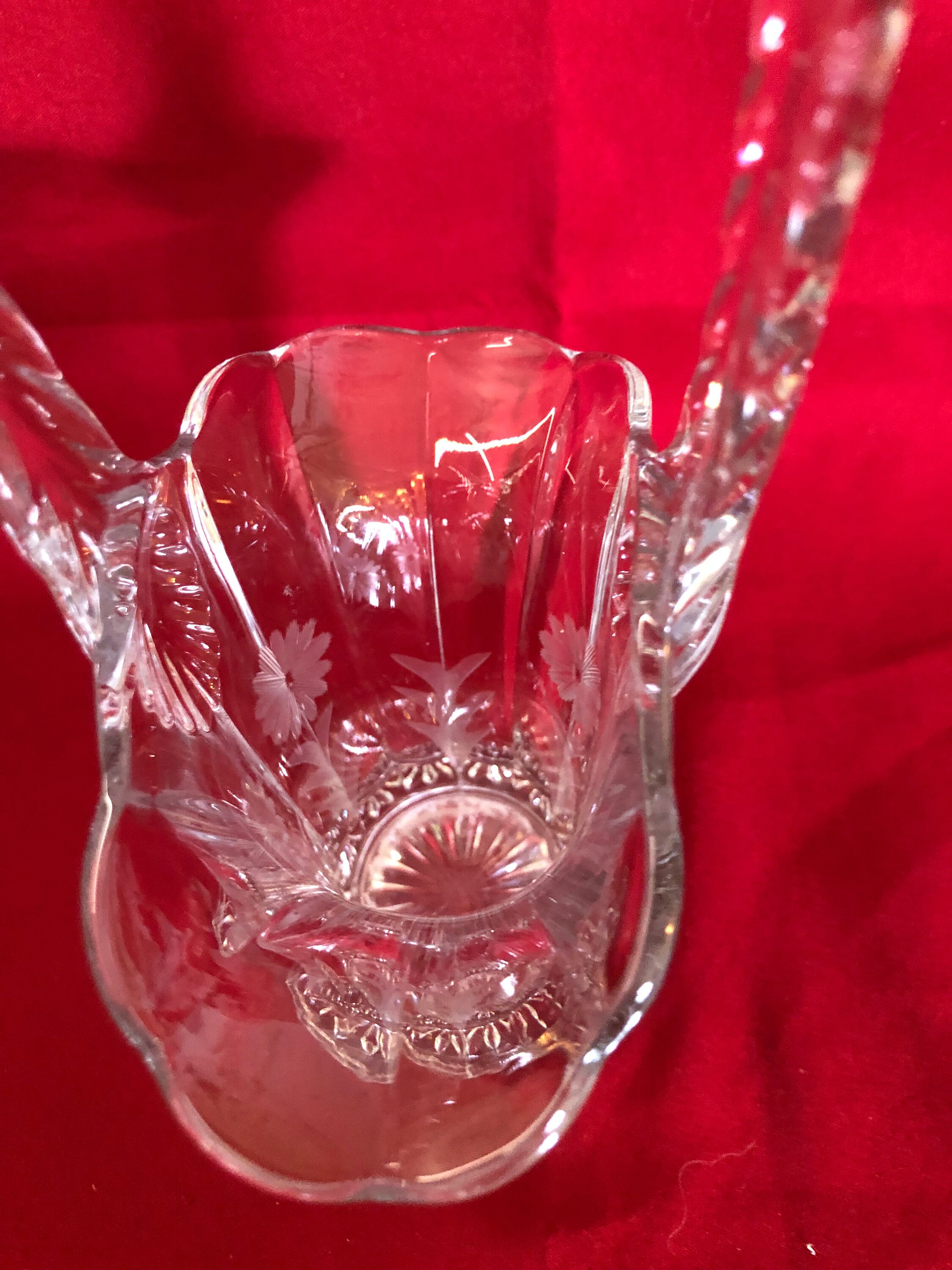 Vintage Glass Basket Vase Floral Etched Motif With Tall Handle Etsy