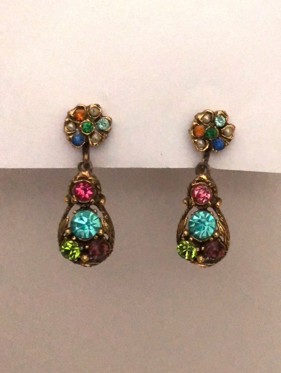 Beautiful Vintage Multi-Color Rhinestone Dangle E… - image 1