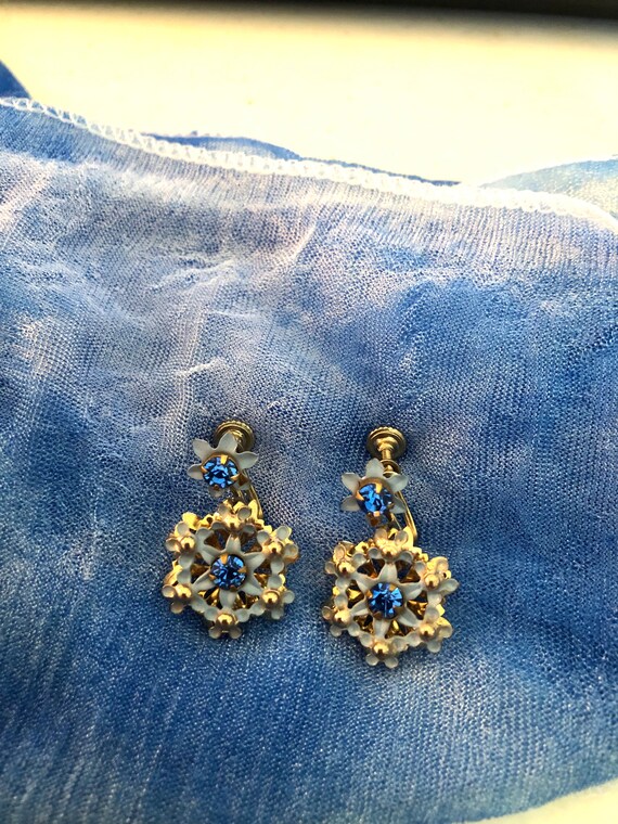 Estate Earrings - Beautiful Blue Enamel with Blue… - image 3