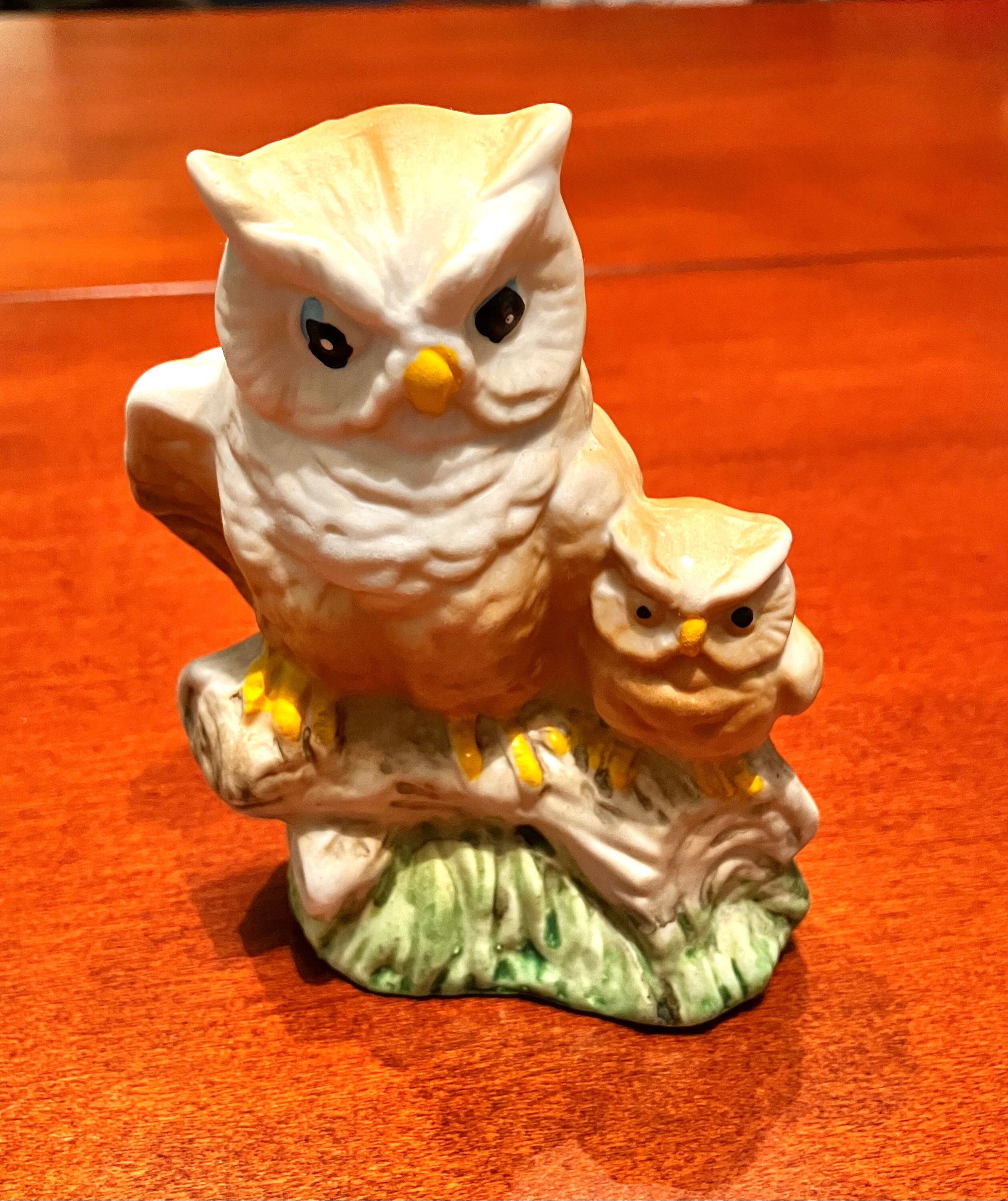 Vintage Baby Owl and Mother Ceramic Sitting On A Log