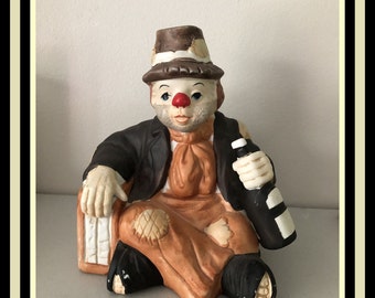 Vintage jaren 1980 keramische hobo clown muziekdoos - speelt kleine bubbels