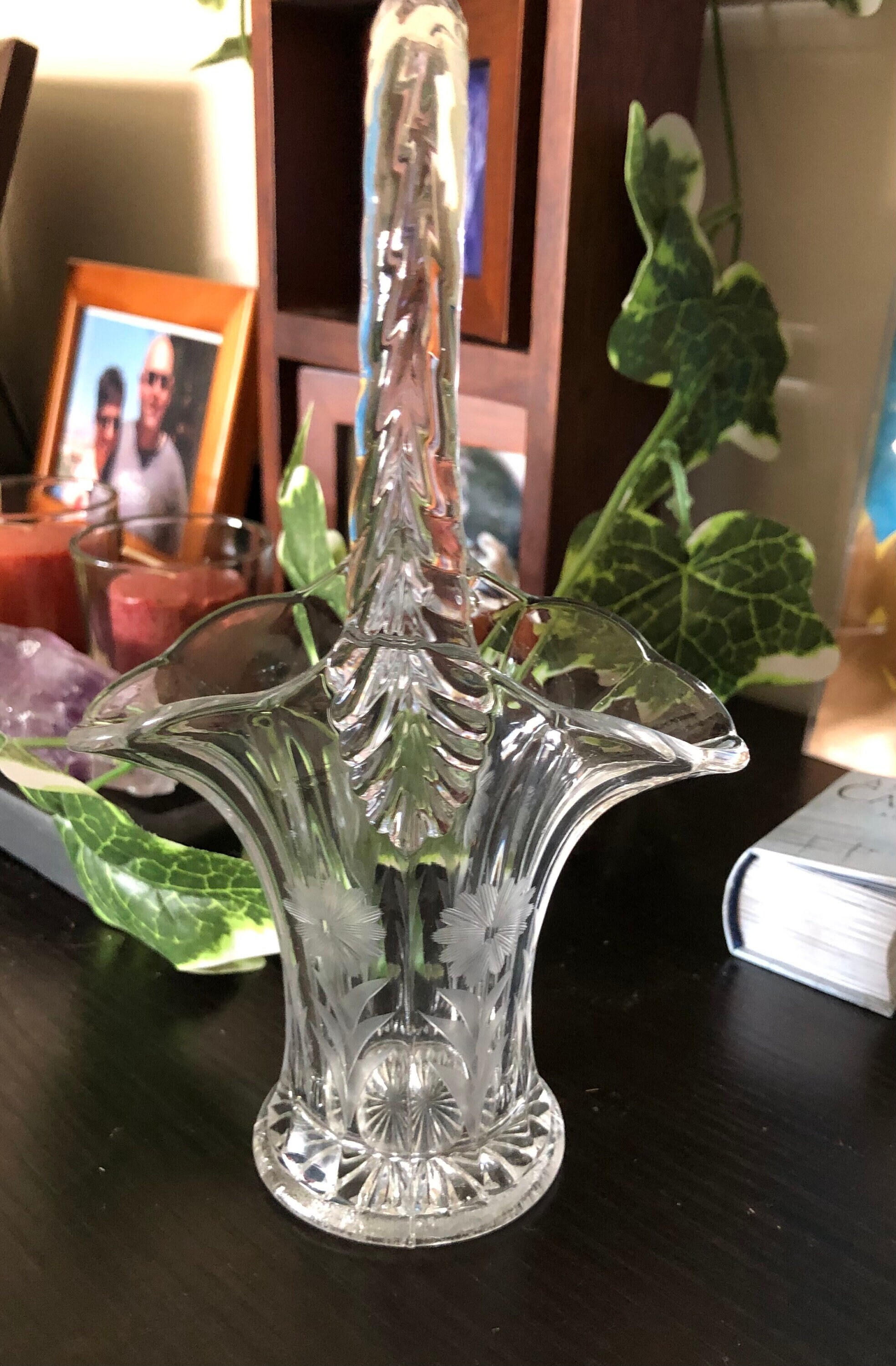 Vintage Glass Basket Vase Floral Etched Motif With Tall Handle Etsy