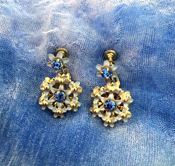 Estate Earrings - Beautiful Blue Enamel with Blue… - image 1