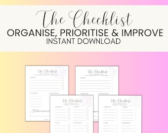 Könnte beinhalten: Vier druckbare Checklisten-Seiten mit einem helllila und weißen Design. Die Checklisten-Seiten sind mit "The Checklist" betitelt und beinhalten Abschnitte für "Ziele", "Prioritäten", "Leistung", "Aufgaben" und "Ergebnis".