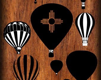 May include: A set of ten black and white hot air balloon SVG, DXF, and PNG digital files. The balloons are in various styles, including striped, solid, and with a New Mexico state symbol.