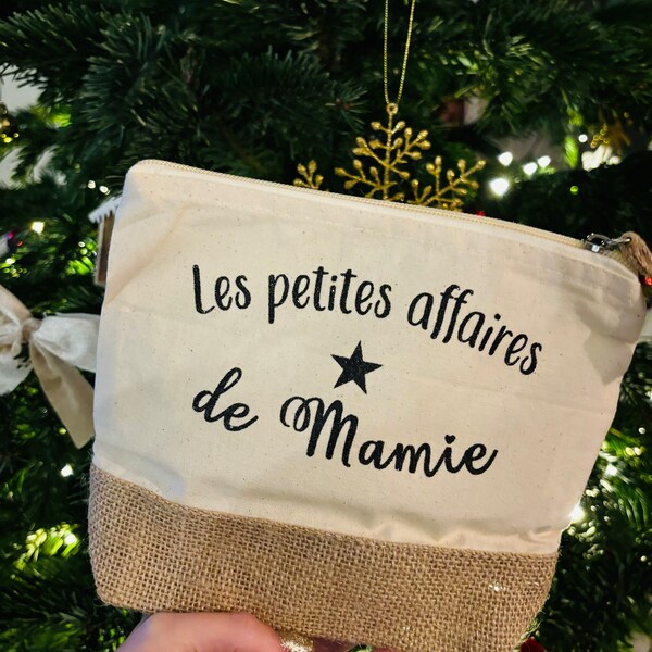 Pochette en coton & Jute Pochette en Jute, Trousse Personnalisée, cadeau Noël, cadeau Mamie, cadeau maman, cadeau tata. Trousse maquillage.