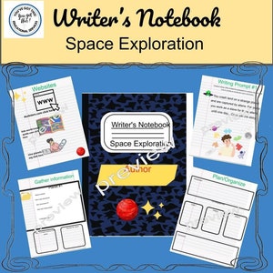 May include: A digital educational resource titled Writer's Notebook Space Exploration, featuring a central notebook cover with a dark blue star pattern, a red planet, and four surrounding worksheets with writing prompts, website links, and planning templates.