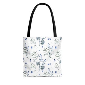 Blue Flower Pattern Tote Bag, In Bloom Floral Tote Bag, Reusable Canvas Shoulder Bag, Beach Bag, Shopping Bag, Book Bag, Farmers Market Bag