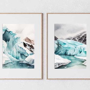 Watercolor Glacier Landscape Art, Set of 2 Farmhouse Wall Art, Digital art download, Nature Bedroom Wall prints, Farmhouse Décor