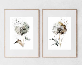 Aquarell Löwenzahn Pflanze, 2er-Set Wandkunst für Bauernhaus, Botanische Drucke, Pflanzenkunst, Bauernhaus Dekor, Wanddekoration Küche, Digital