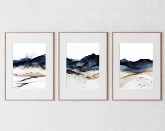 Arte abstracto de paisaje desértico, juego de 3 cuadros de arte de pared de estilo rústico, descarga de arte digital, impresiones de pared de dormitorio con motivos naturales, decoración rústica, decoración de pared